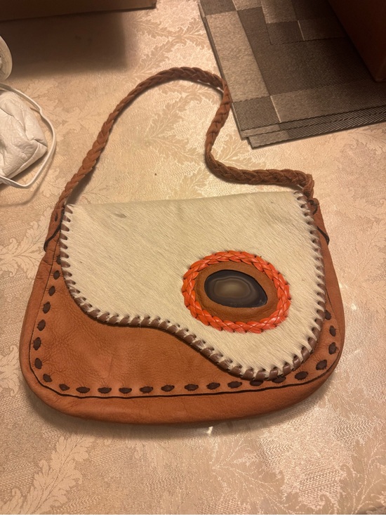 Maia Handbags - Tan Leather Shoulder Bag with Cream Haircalf Flap, with real Agate